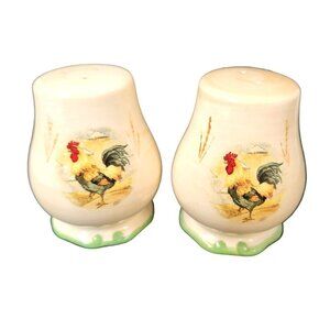 Gibson Ceramic Rooster Salt & Pepper Shakers With Green Trim Farmhouse Kitchen D
